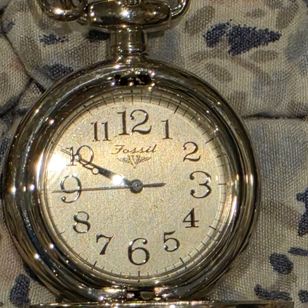 Vintage Fossil Tortoise Shell Hunter Case Pocket Watch SilverTone Needs Battery